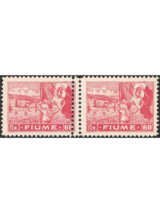 Fiume 1919 Allegoria 60 c. carminio su carta tipo "a" con doppia dent. al centro n° A43Pa Cert. Biondi Cat. 1.050 (**)