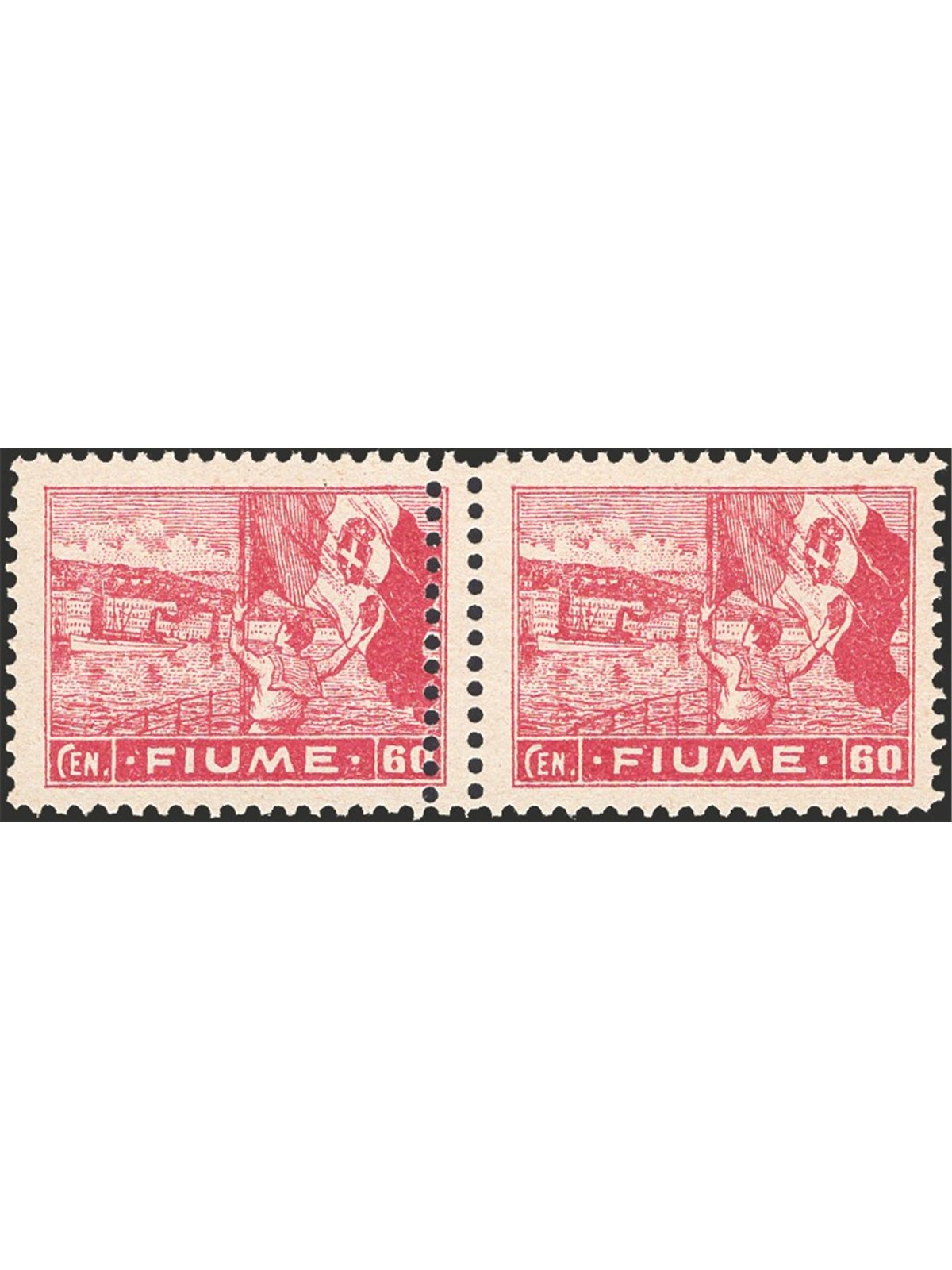 Rijeka 1919 Allegory 60 c. carmine on ‘type A’ paper with double perforation in the centre no. A43Pa Biondi Certificate Cat. 1,0