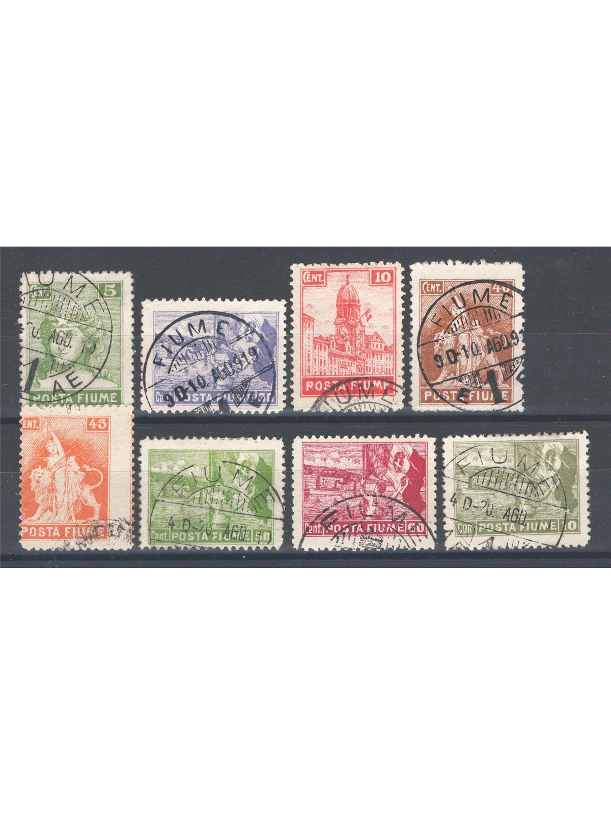 Rijeka 1919 Allegories and cityscapes overprinted series no. 49/56 Cat. €70 (U)