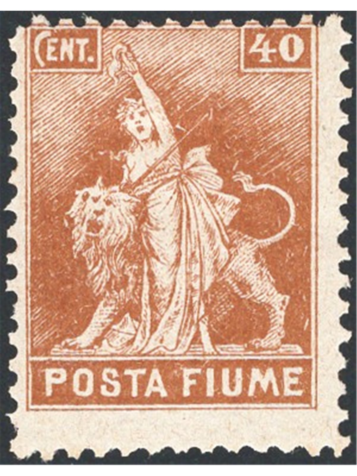 Rijeka 1919 Allegories 40 c. brown “Posta Fiume” no. 52/III CiBaFil certified Cat. €5,000 (*)