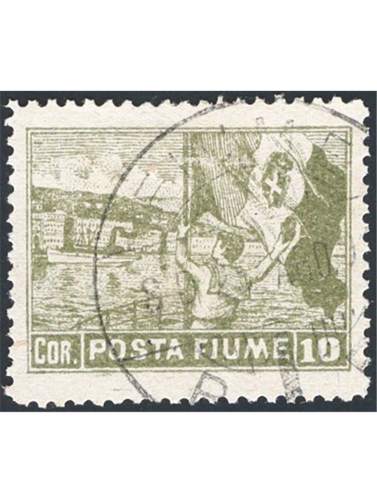 Fiume 1919 Vedute 10 c. oliva "Posta Fiume" dent. 12¼ n° 56/Ib Cert. CiBaFil Cat. € 2.250 (U)