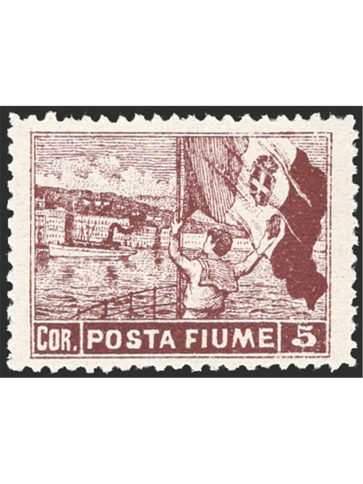 Rijeka 1919 Allegories 5 c. brown perforated 12½x12½ – unlisted (no. 61) Cert. IC (**)