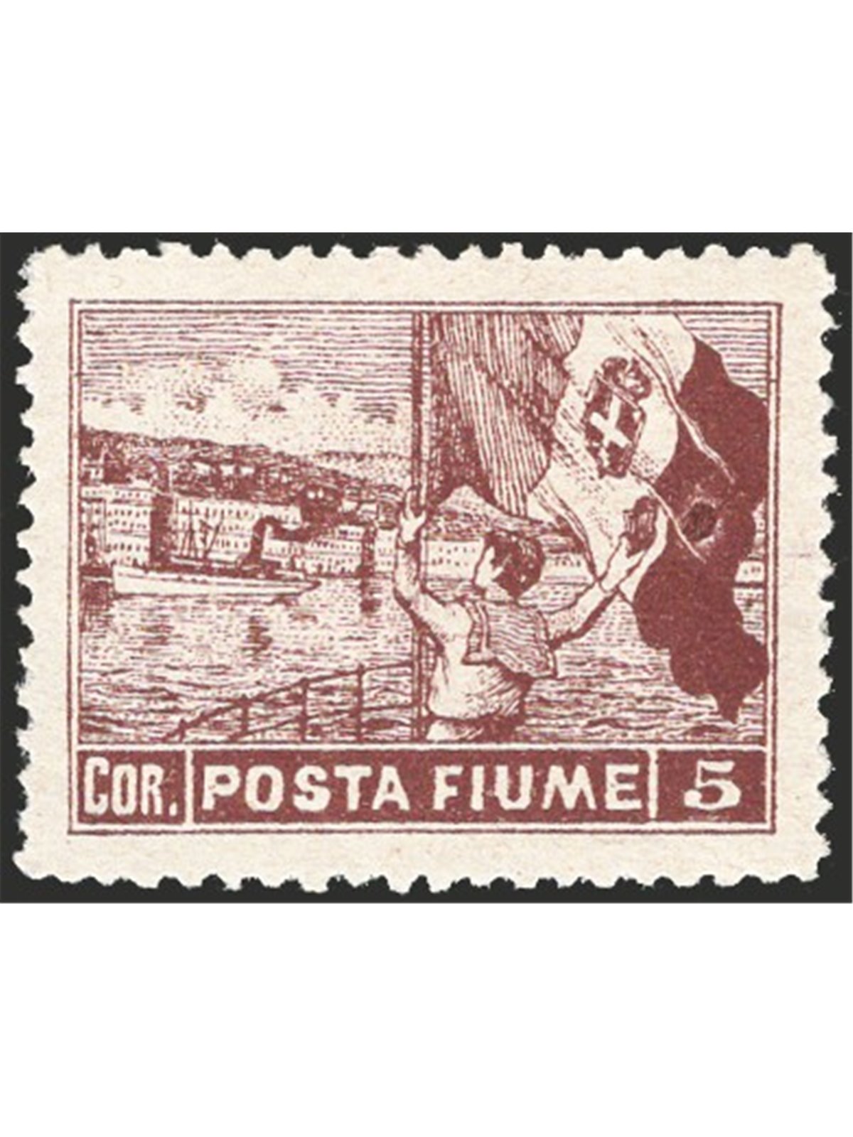 Fiume 1919 Allegorie 5 c. bruno dent. 12¼x12¾ combinazione di dentellatura molto rara e non catalogata (n° 61) ma menzionata Cer