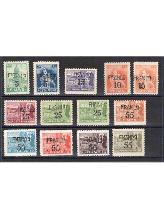 Fiume 1919 Allegorie e vedute soprast. serie n° 75/87 Cert. Biondi Cat. € 450 (**)