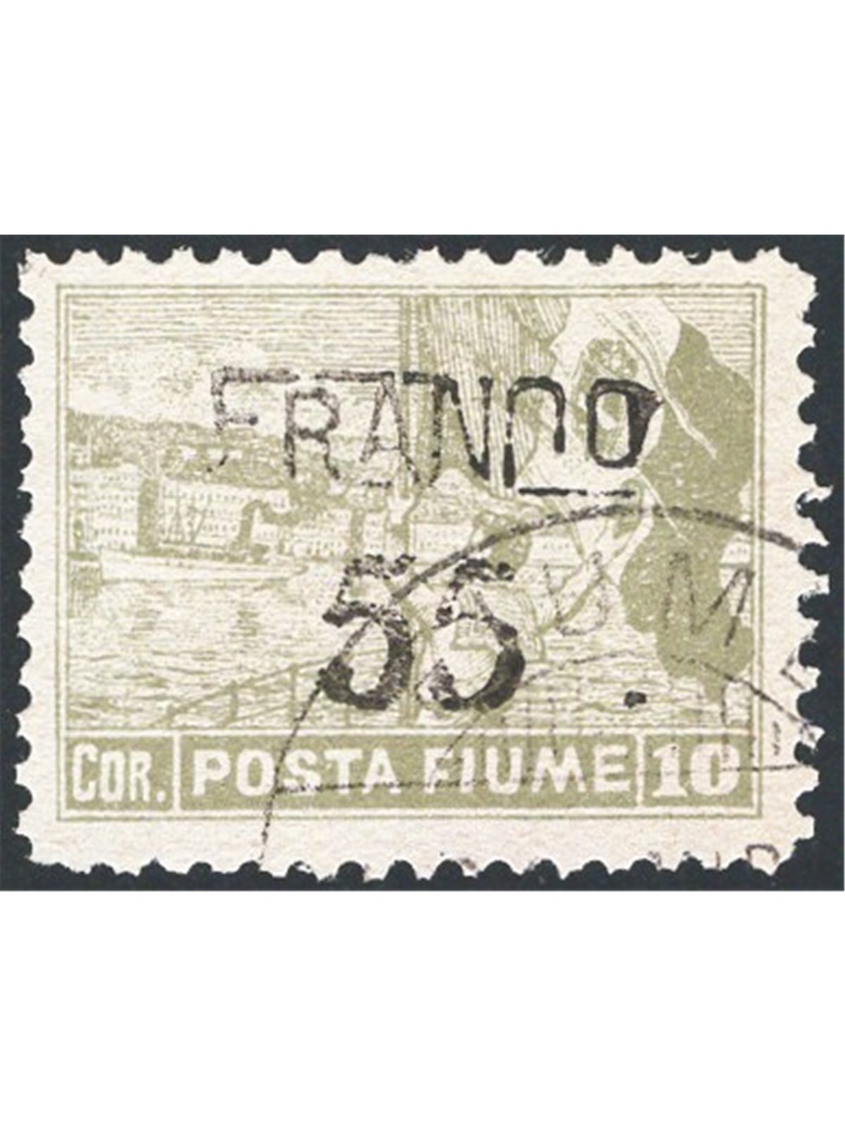 Fiume 1919/20 Vedute soprast. 55 c. su 10 c. oliva dent. 10½ n° 87/I Cert. CiBaFil Cat. € 2.000 (U)