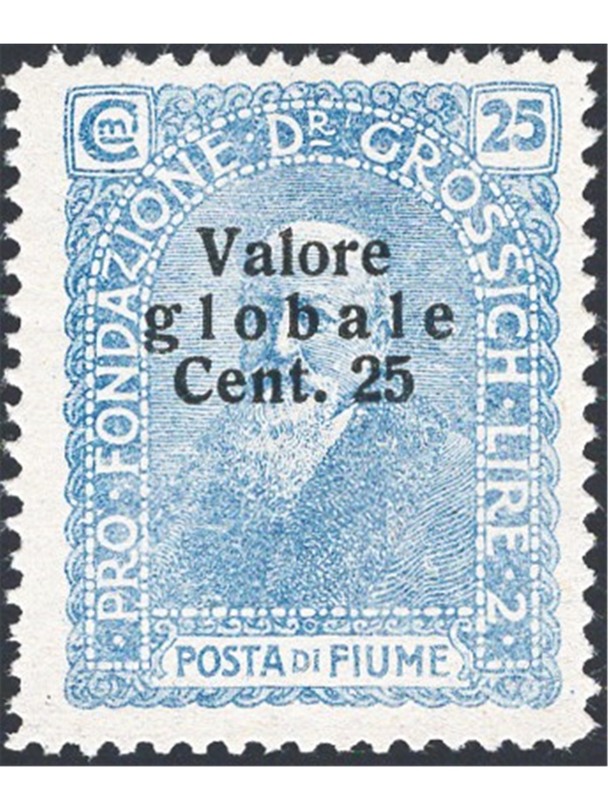Fiume 1920 Fondazione dott. Grossich 25 c. celeste latteo soprast. n° 103b Cert. Biondi Cat. 2.250 (**)
