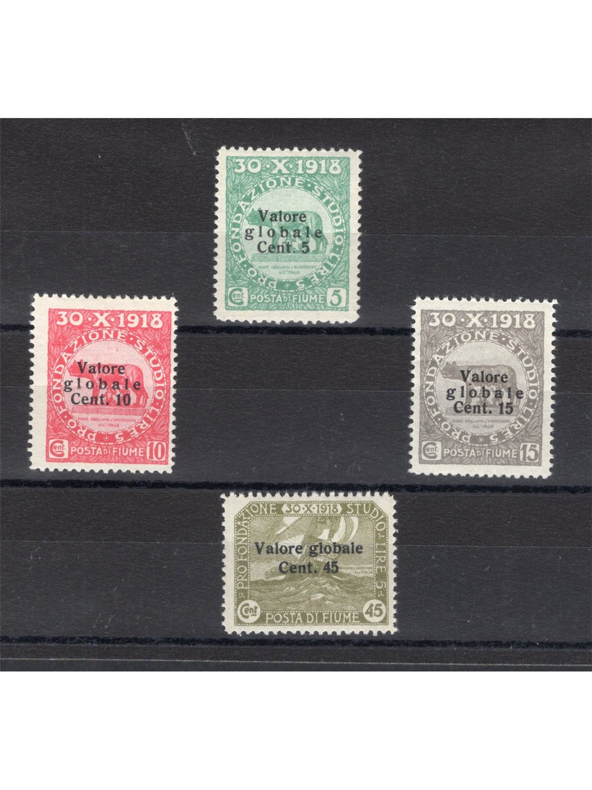 Rijeka 1920 Dr Grossich Foundation with overprint ‘total value’ and new modified value series no. 99I/101I + 112 Biondi Cert. Ca
