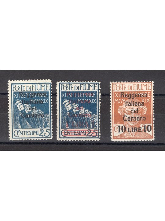 Fiume 1920 Reggenza del Carnaro con  soprast. in colore diverso per il 25 c. nuovo valore da 1 £ su 25 e soprast. modificata per