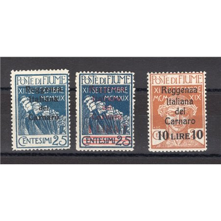 Fiume 1920 Reggenza del Carnaro con  soprast. in colore diverso per il 25 c. nuovo valore da 1 £ su 25 e soprast. modificata per