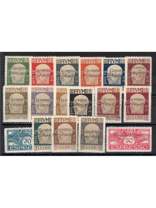 Fiume 1921 Francobolli della serie Effigie di G. D'annunzio con soprast. "Governo Provvisorio" serie n° 149/63 + Ex 5/6 Cert. Ci