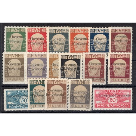 Fiume 1921 Francobolli della serie Effigie di G. D'annunzio con soprast. "Governo Provvisorio" serie n° 149/63 + Ex 5/6 Cert. Ci