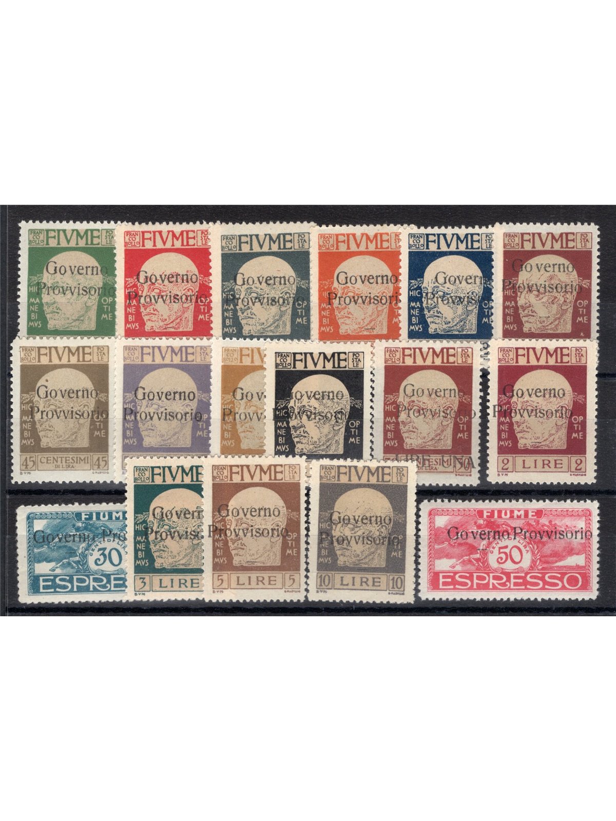 Fiume 1921 Stamps from the G. D’Annunzio effigy series with the overprint “Provisional Government” series no. 149/63 + Ex 5/6 Ci