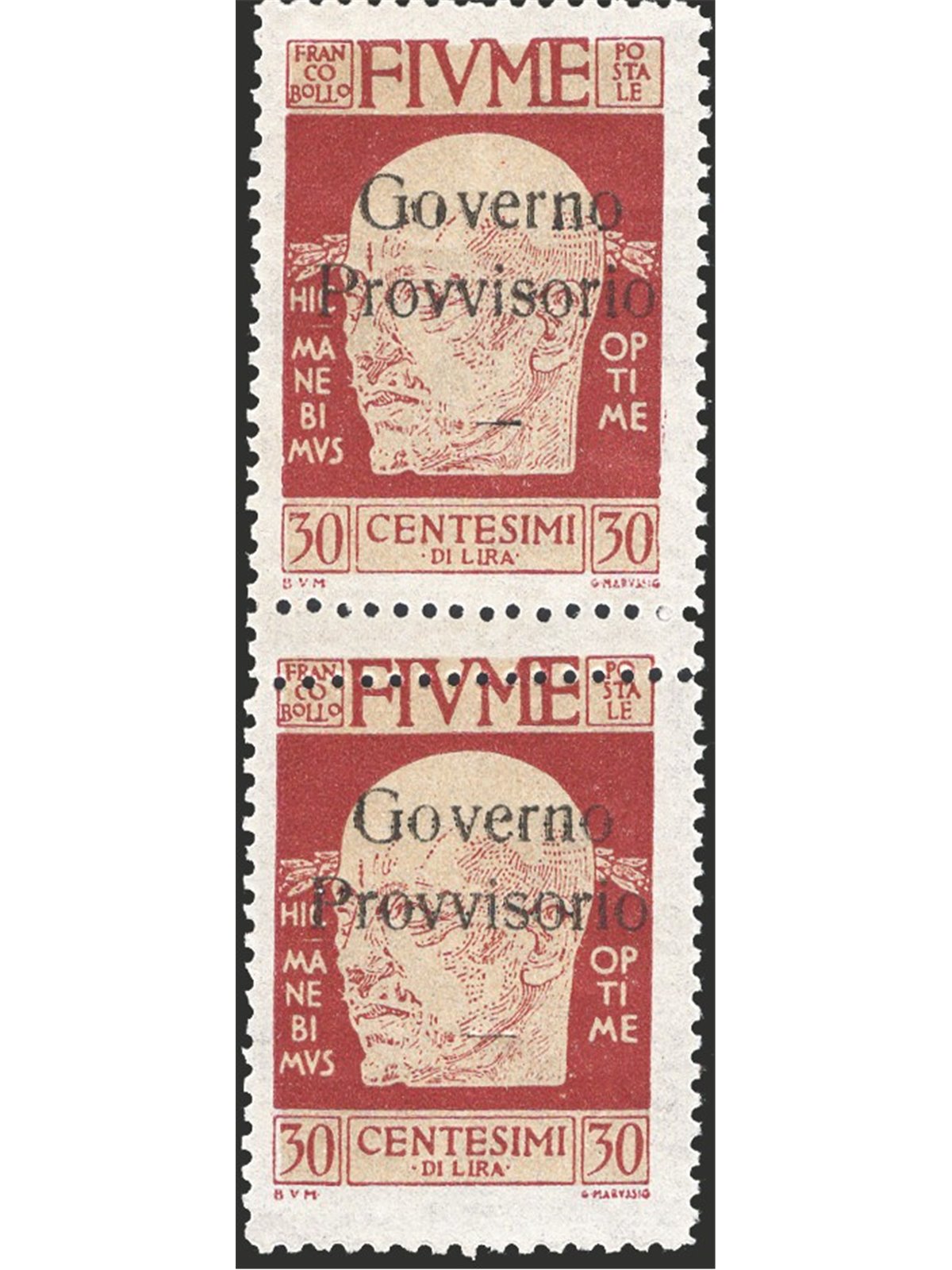 Fiume 1921 Stamps from the G. D’Annunzio effigy series with the overprint “Provisional Government” 30 c. reddish-brown vertical 