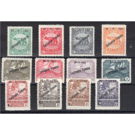 Fiume 1921 Stamps from the ‘Fondazione Studio’ series with the overprint “24 4 1921 Costituente Fiumana” series no. 164/75 Biond