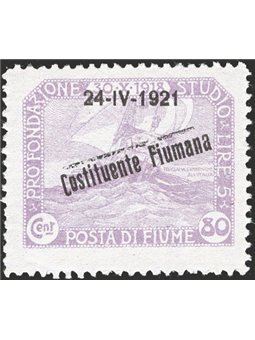 Fiume 1921 Stamp from the ‘Fondazione Studio’ series with the overprint “24 4 1921 Costituente Fiumana” 80 c. lilac with a typog