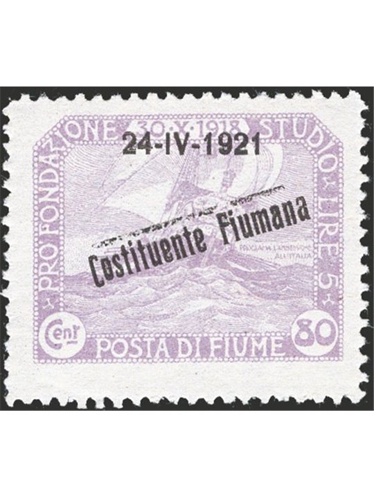 Fiume 1921 Stamp from the ‘Fondazione Studio’ series with the overprint “24 4 1921 Costituente Fiumana” 80 c. lilac with a typog