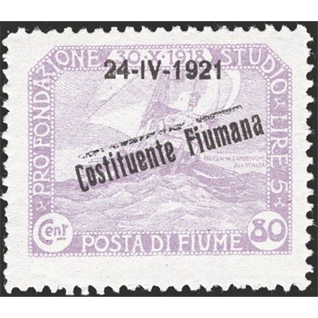 Fiume 1921 Francobollo della serie Fondazione studio con soprast. "24 4 1921 Costituente Fiumana" 80 c. lilla con spazio tipogra