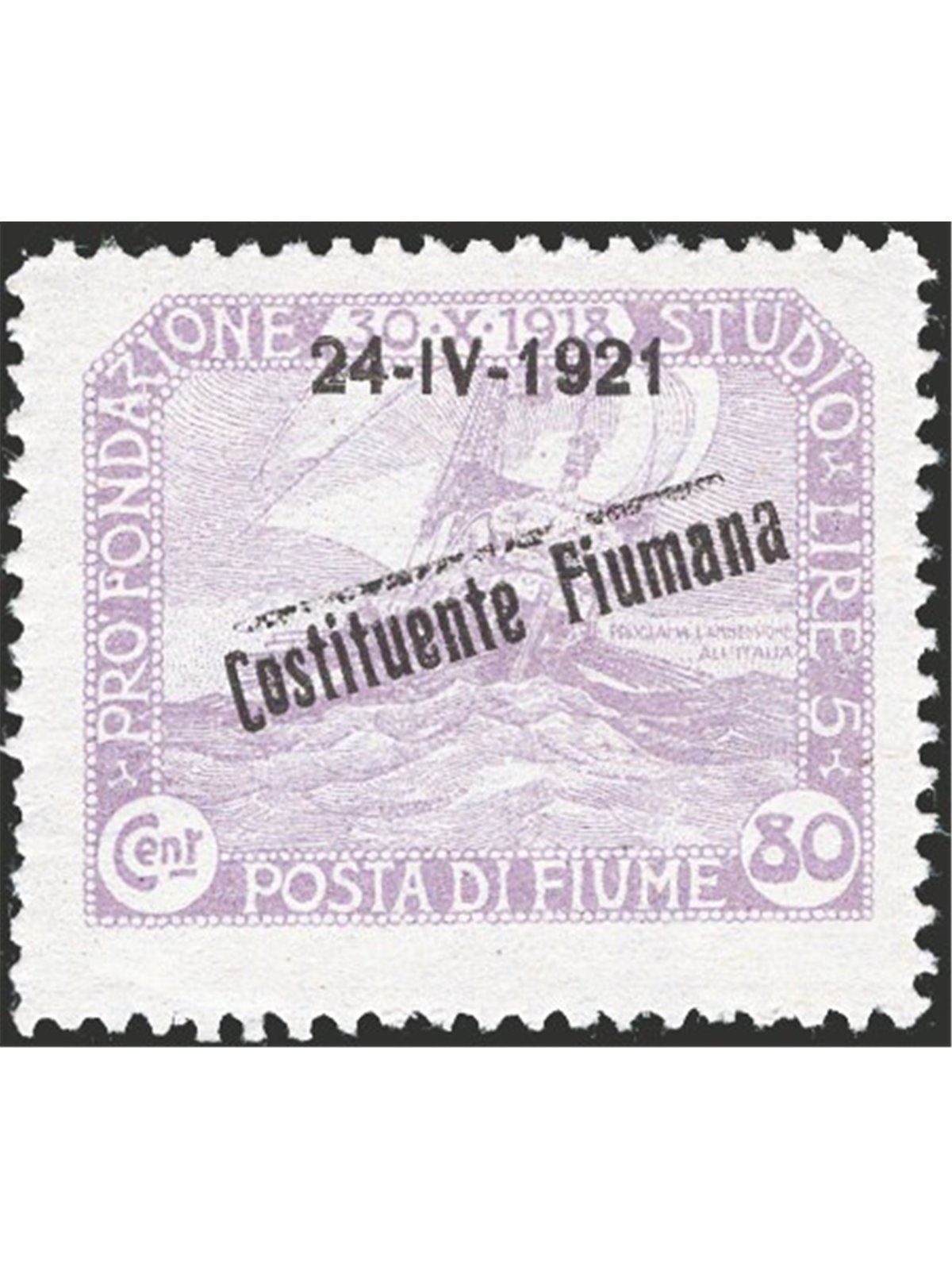 Fiume 1921 Francobollo della serie Fondazione studio con soprast. "24 4 1921 Costituente Fiumana" 80 c. lilla con spazio tipogra
