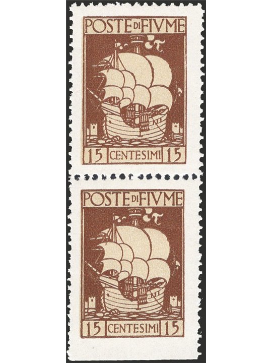 Fiume 1923 San Vito 15 c. brown vertical pair imperforated at the bottom no. 192 Biondi Cert. Not catalogued (**)