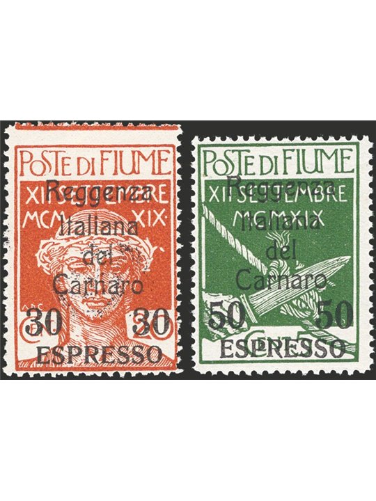Fiume 1920 Espressi Reggenza Italiana del Carnaro con soprast. "Espresso" e nuovo valore 30 su 20 ocra e 50 su 5 verde n° 3/4 Ce