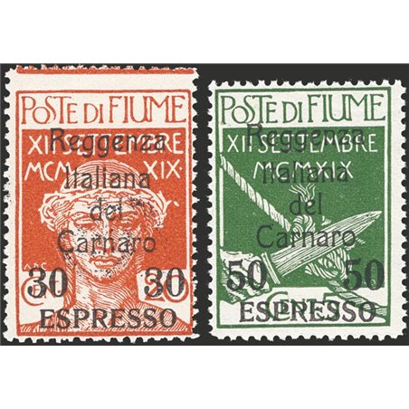 Fiume 1920 Espressi Reggenza Italiana del Carnaro con soprast. "Espresso" e nuovo valore 30 su 20 ocra e 50 su 5 verde n° 3/4 Ce