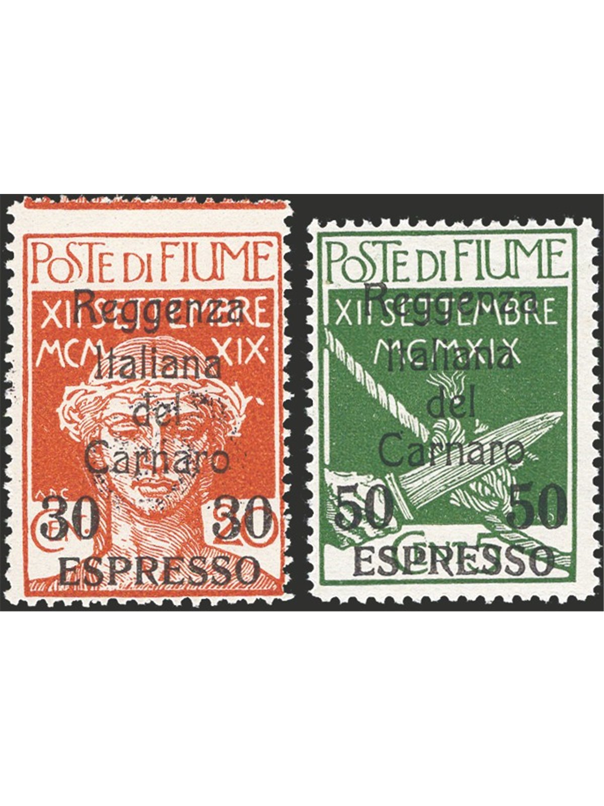 Rijeka 1920 Expresses Italian Regency of Carnaro with overprint ‘Espresso’ and new denominations 30 on 20 ochre and 50 on 5 gree