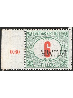 Fiume 1918/19 Segnatasse 6 f. con soprast. a mano capovolta ”Fiume” del 2° tipo n° 7/IIa Cert. Apicella. (**)