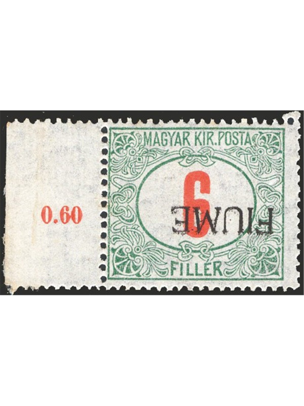 Fiume 1918/19 Segnatasse 6 f. con soprast. a mano capovolta ”Fiume” del 2° tipo n° 7/IIa Cert. Apicella. (**)