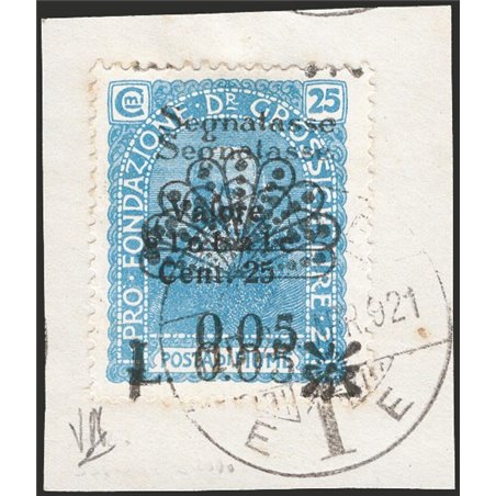 Rijeka 1921 Tax Stamp Foundation 5 c. on 25 c. milky sky-blue with double overprint on fragment with complete cancellation No. 2