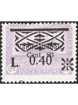 Fiume 1921 Segnatasse Fondazione 80 c. lilla con nuova soprast. "L. 0,40" e fregi senza "segnatasse" n° 21ao Cert. Biondi Cat. €