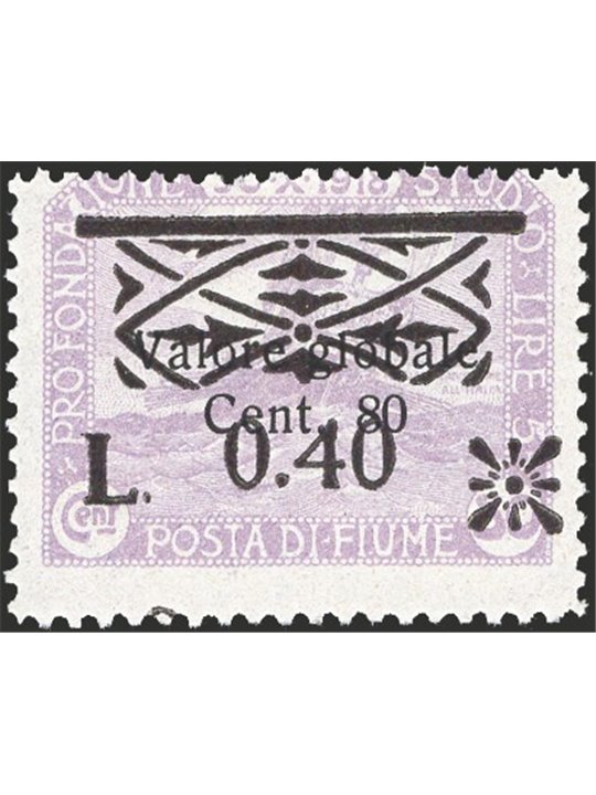 Fiume 1921 Foundation tax stamp 80 c. lilac with new overprint “L. 0.40” and friezes without “tax stamp” no. 21ao Cert. Biondi C