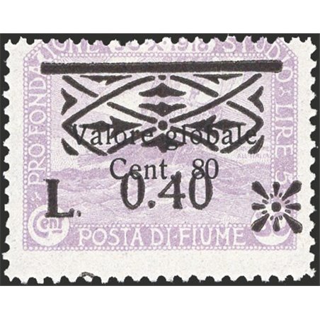Fiume 1921 Foundation tax stamp 80 c. lilac with new overprint “L. 0.40” and friezes without “tax stamp” no. 21ao Cert. Biondi C