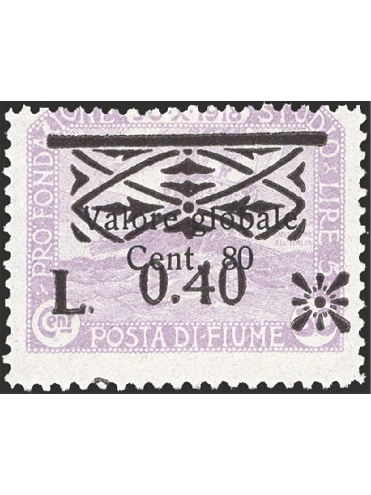Fiume 1921 Foundation tax stamp 80 c. lilac with new overprint “L. 0.40” and friezes without “tax stamp” no. 21ao Cert. Biondi C