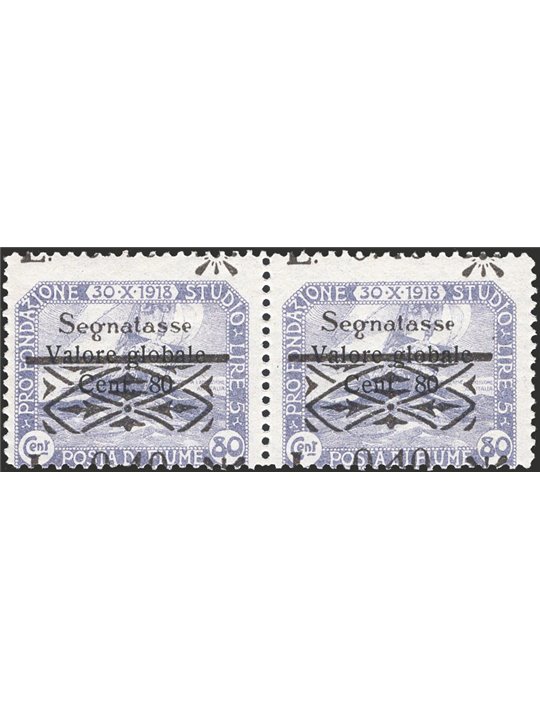 Fiume Segnatasse 1921 Fondazione L. 0,40 su 80 c. violetto con soprast. fortemente spostata in basso cifre a cavallo n° 21ob. (*