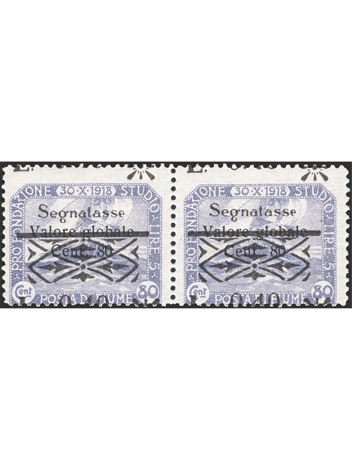 Fiume Tax Stamp 1921 Foundation L. 0.40 on 80 c. violet with overprint strongly shifted downwards figures straddling the stamp n