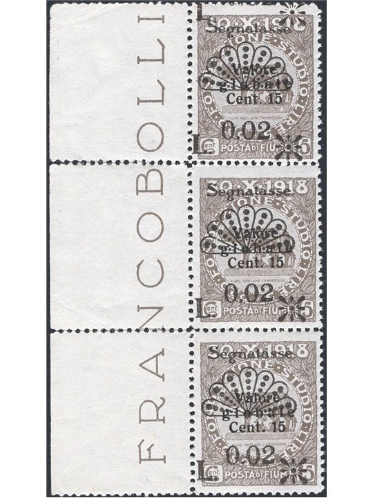 Fiume Tax Stamp 1921 Foundation L. 0.02 on 15 c. grey vertical strip of 3 with the top stamp featuring the double overprint of t