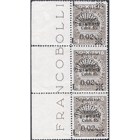 Fiume Tax Stamp 1921 Foundation L. 0.02 on 15 c. grey vertical strip of 3 with the top stamp featuring the double overprint of t