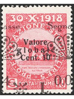 Fiume Segnatasse 1921 Fondazione L. 0,04 su 10 c. carminio con soprast. fortemente spostata a destra "Asse segnat 4 L. 0,0" n° 2