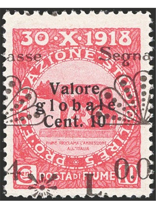 Fiume Segnatasse 1921 Fondazione L. 0,04 su 10 c. carminio con soprast. fortemente spostata a destra "Asse segnat 4 L. 0,0" n° 2