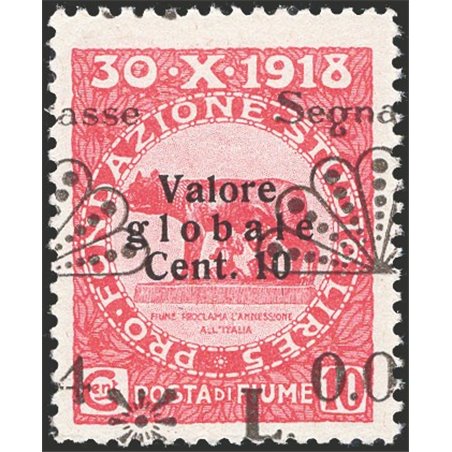 Fiume Segnatasse 1921 Fondazione L. 0,04 su 10 c. carminio con soprast. fortemente spostata a destra "Asse segnat 4 L. 0,0" n° 2