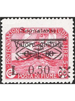 Fiume 1921 Stamp Duty L. 0.50 on 60 c. carmine with a clear overprint No. 33zd Biondi Cert. Cat. €600 (**)
