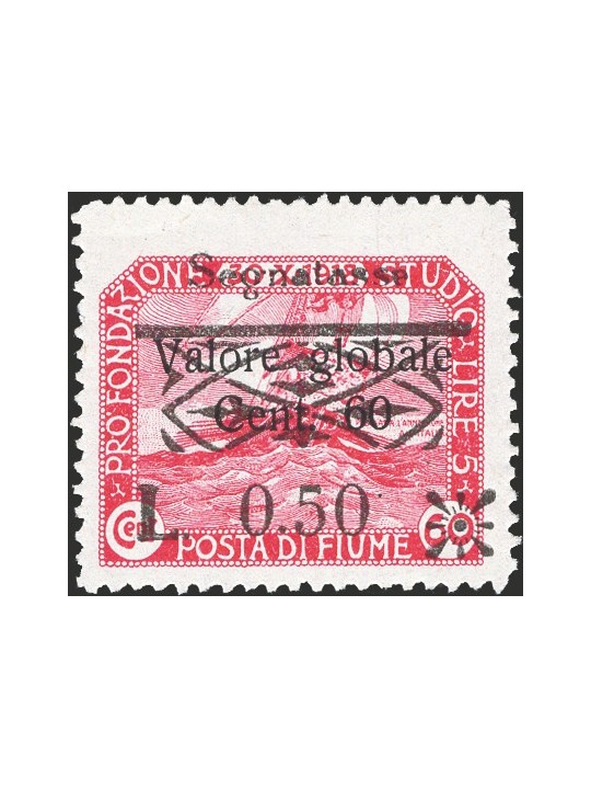 Fiume 1921 Stamp Duty L. 0.50 on 60 c. carmine with a clear overprint No. 33zd Biondi Cert. Cat. €600 (**)