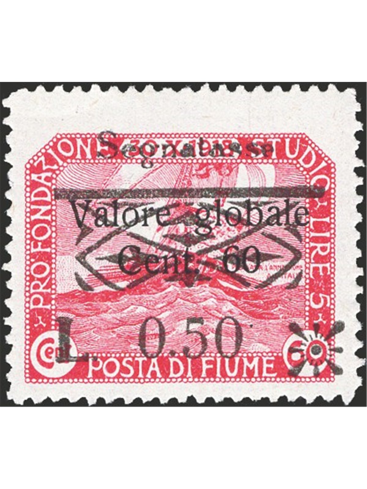 Fiume 1921 Stamp Duty L. 0.50 on 60 c. carmine with a clear overprint No. 33zd Biondi Cert. Cat. €600 (**)