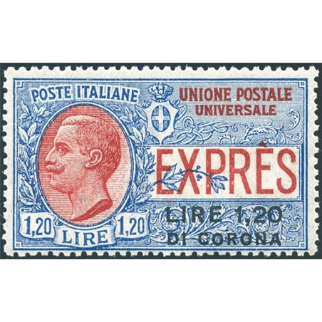 Dalmazia 1922 Espresso 1,20 £ di corona su 1,20 £ n° 2 con ottima centratura Cert. Biondi Cat. € 2.500 (**)