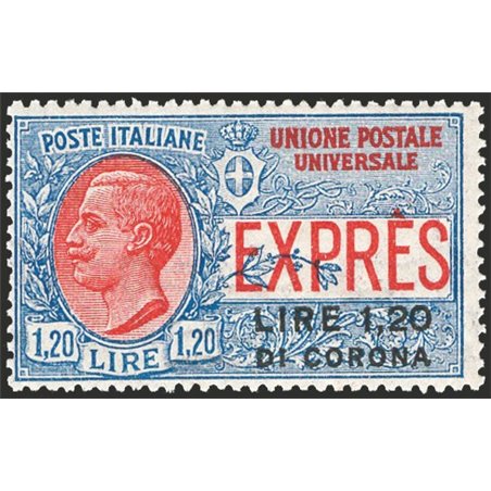 Dalmatia 1922 ‘Espresso d’Italia del 1922’ 1.20 £ with overprint ‘Lire 1.20 di Corena’ unissued No. 2 CiBaFil Cert. Cat. €1,375 