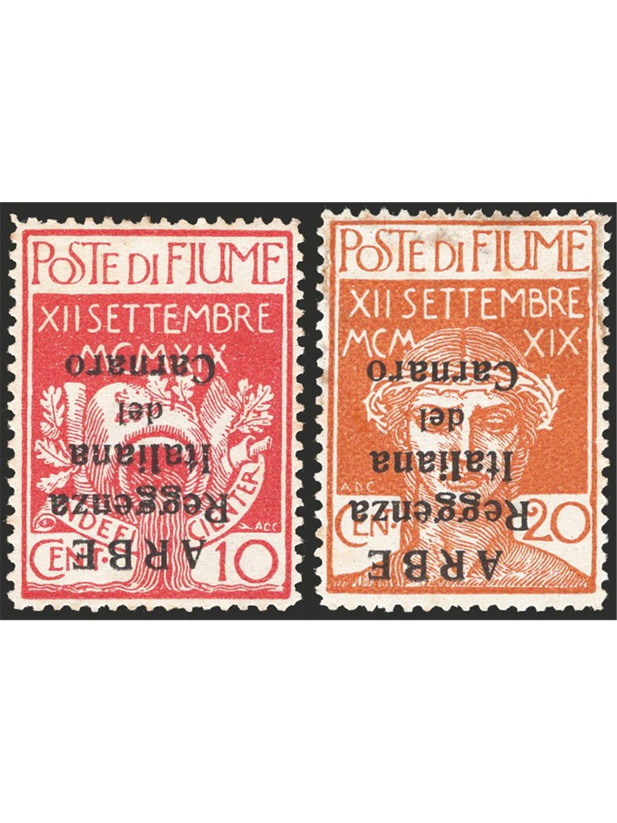 Arbe 1920 Soprast. capovolte e in caratteri piccoli n° 6aa/7aa in buono stato Cert. CiBaFil Cat. € 1.400 (*)