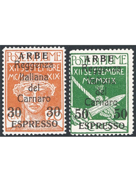 Arbe 1920 Express post Regency of Carnaro overprint no. 1/2. CiBaFil certificate. Cat. €3. 200 (**)