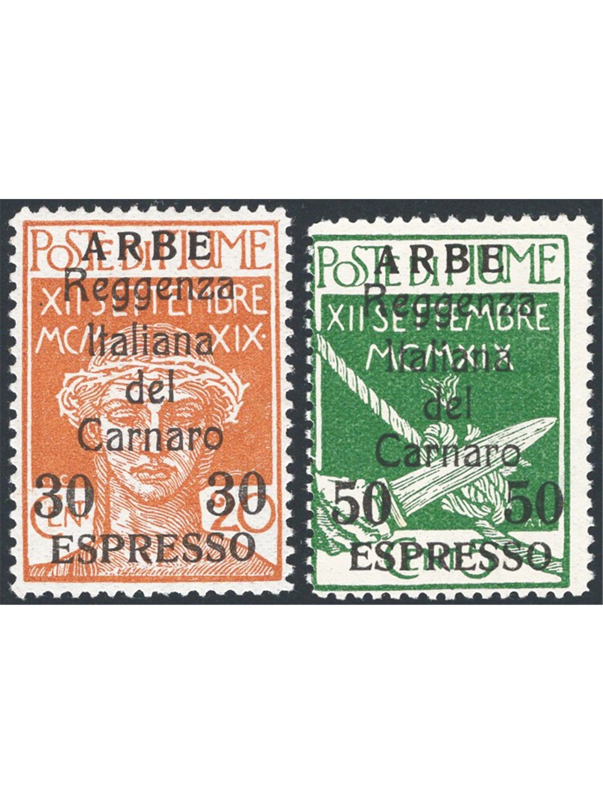 Arbe 1920 Express post Regency of Carnaro overprint no. 1/2. CiBaFil certificate. Cat. €3. 200 (**)