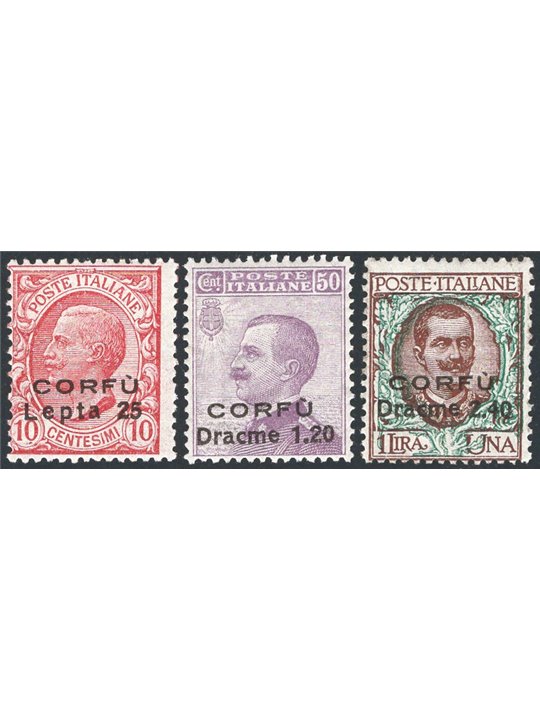 Corfù Occup. Militare Italiana 1923 Soprast. serie n° 9/11 Cert. CiBaFil Cat. € 600 (**)