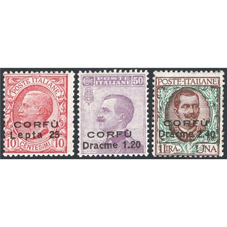 Corfù Occup. Militare Italiana 1923 Soprast. serie n° 9/11 Cert. CiBaFil Cat. € 600 (**)